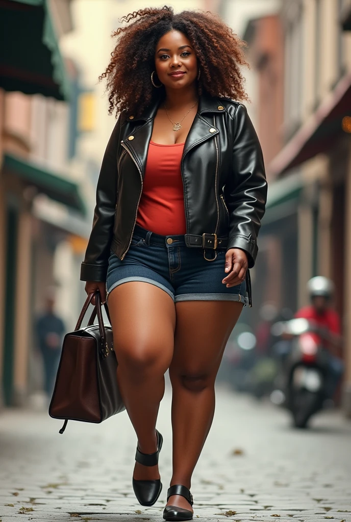 Woman curly hair tied leather jacket mini shorts jeans large handbag, She is fat, elle est maman de 4 filles