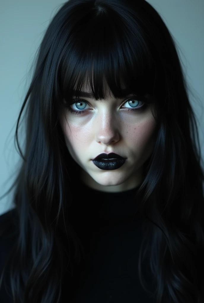 Young adult, gothic, blue colored eyes, black hair long, realistic professional photo for job profile
