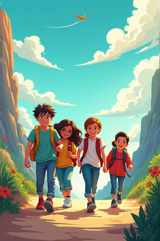 Drawing a picture with the theme "Students Stepping into the World" as a cartoon, but with play of light and shadow, playing with near and far images, bright colors.