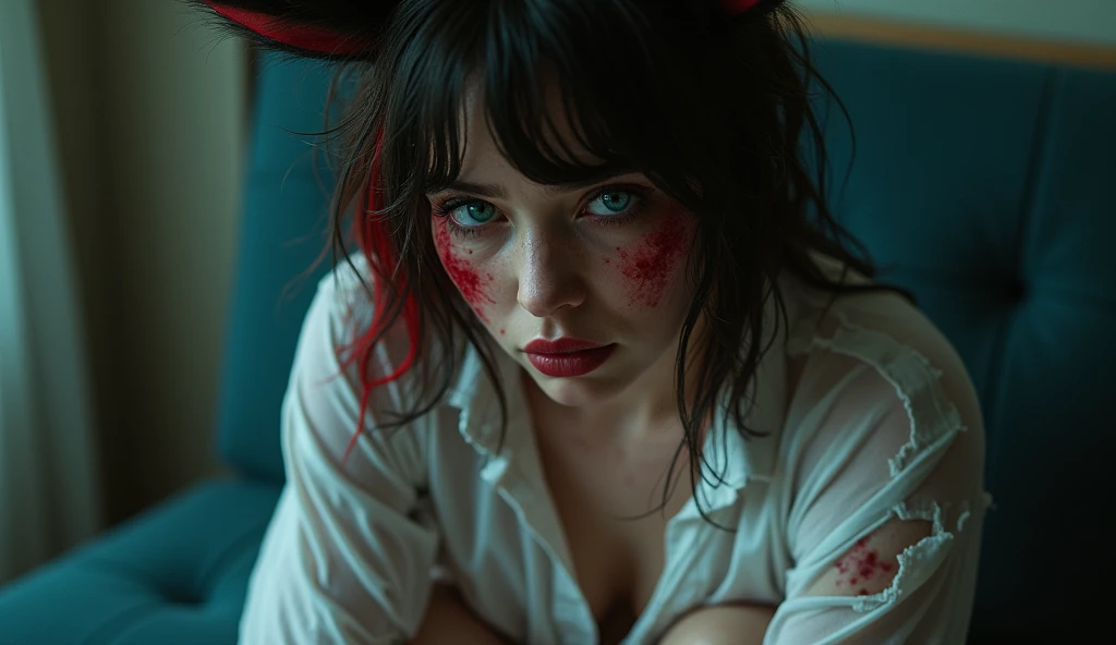 (8K, Best Quality, Masterpiece, Ultra High Definition: 1.2, Ultra Realism), very beautiful woman, face with bleeding scar on left eye, Hostile face, large detailed lips, scars on body, sitting in seductive pose, deflected back on the board, spread legs, moaning in pain, kitsune ears, focus on hips, bloom, bokeh, melancholy atmosphere, white panties, wet vagina, Large-size ripped shirt, See-through white shirt, Off-shoulder, small breasts, detailed nipples, long hair, messy hair, brunette muddy hair, bright red highlights, strikingly beautiful blue eyes with sparkles, symmetrical eyes, Dim Lights, full body shot, front view