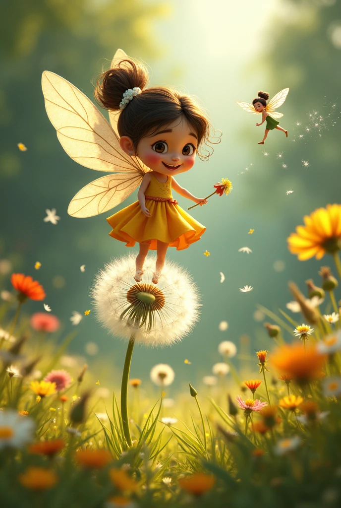 Ria a young and the Fairy playing together: Imagine a scene where Ria and the fairy are flying on a dandelion seed through the garden.I am animated characters