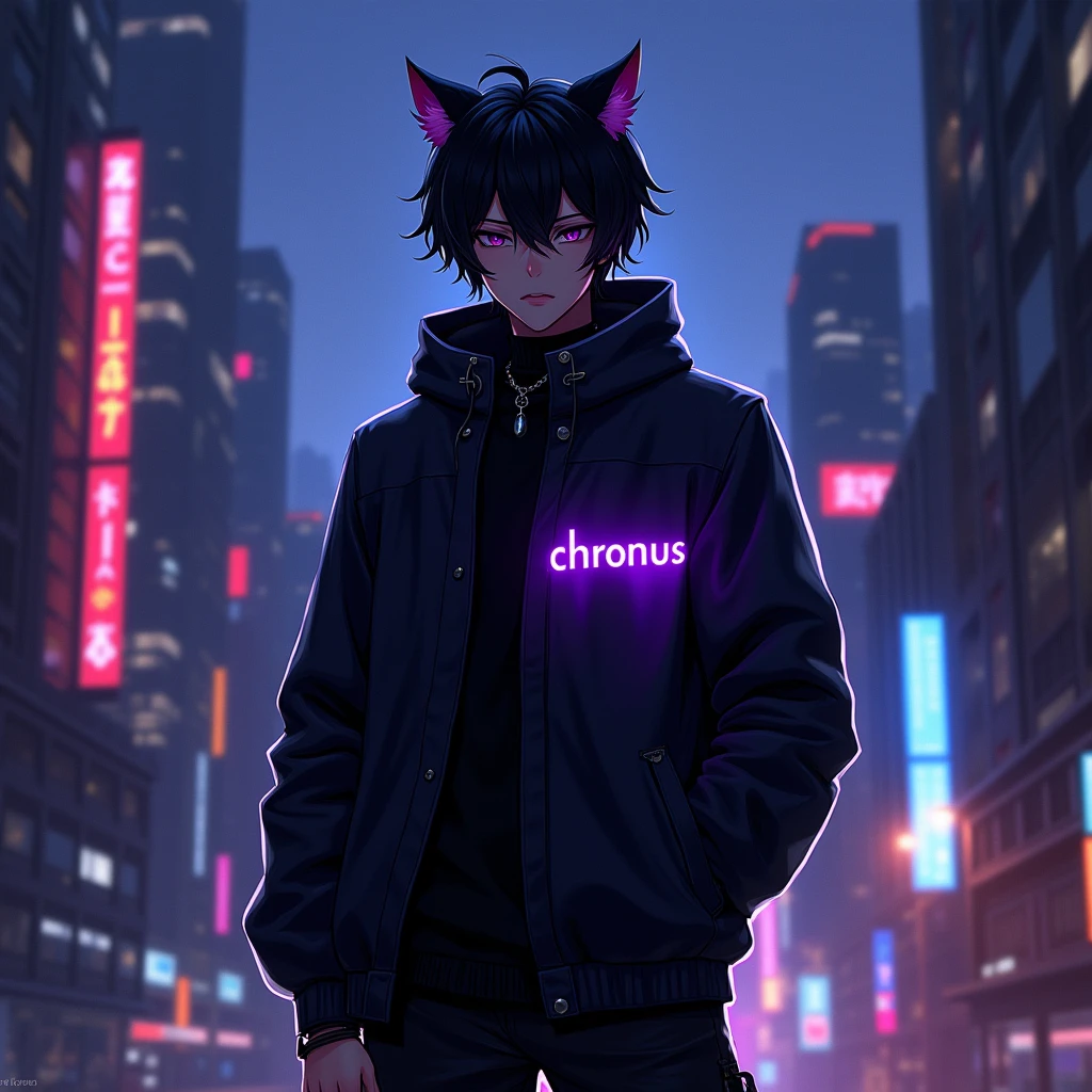 anime man wearing black aesthetic outfit with cat ears and with a purple text "chronus" on his clothes, in citylights background
