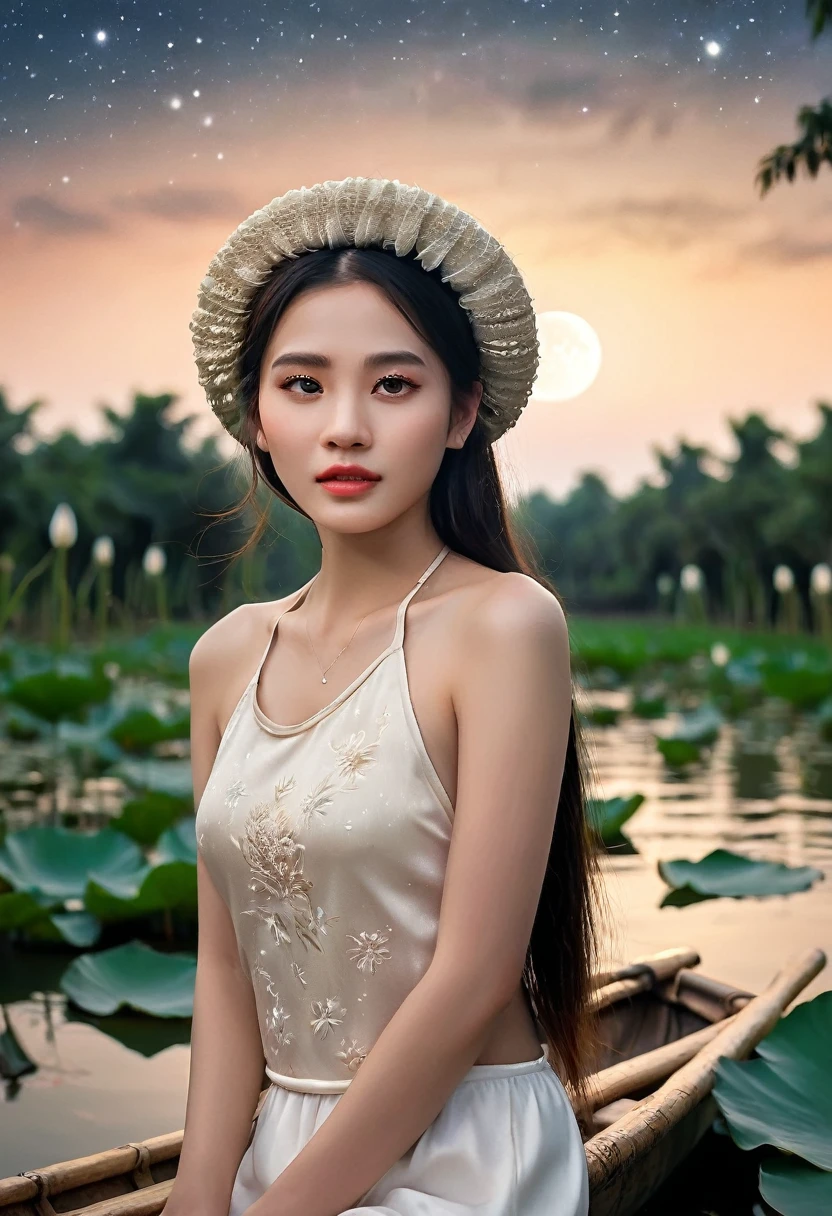 wide angle camera shot full body, ((night sky: 1.2)), fashion fairytale shot, high camera angle of beautiful Vietnamese girl inVietnamese girl wear aoyem, mung headband, gorgeous, sophisticated design, bold fashion, impressive figure, stand on the dugout canoe, next to lotus pond scene, village, realistic details, extremely detailed, 8K, super realistic, dynamic pose, cinematic night lighting, low vivid, cinematic color tone, super detailed skin, wind blown, falling petals, ((night moon light lighting: 1.5)), ((night sky: 2.0))
