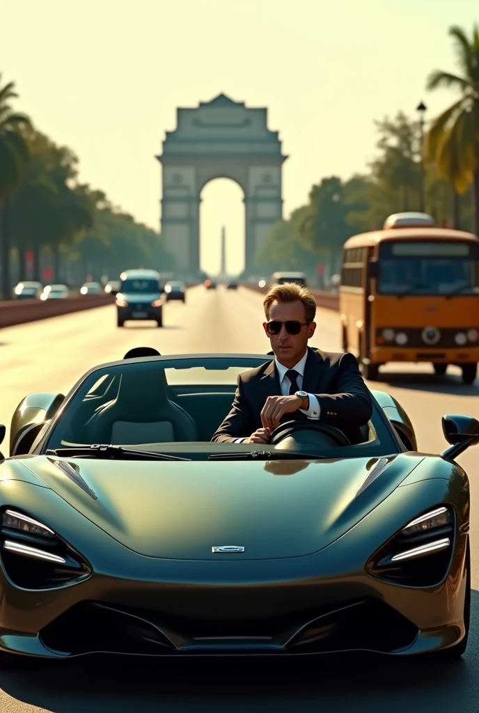 A man , luxery car,a bus,a city, background india gate and Taj Mahal