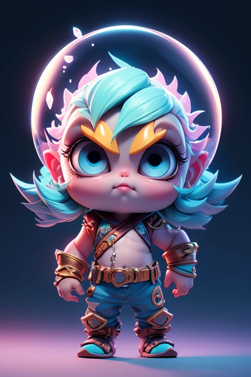 Create a monster image, a small, big-headed, baby monster.. The body is transparent and can be seen through. The image is sharp and detailed., with beautiful colors.. With arms, leg, eyes, mouth, พื้นหลังสีlegว