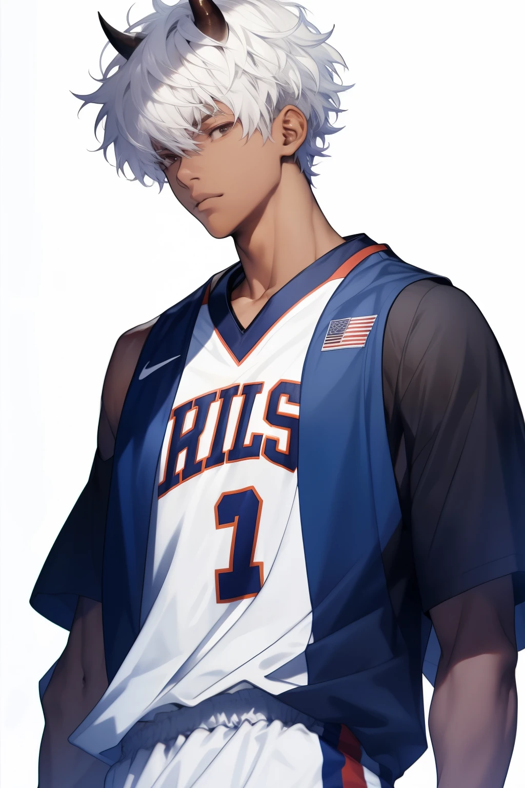 White-haired boy,Short curly hair,(There are short brown horns on the head:1.5),dark skin,Handsome face,Sports student wearing basketball sportswear,20 years old