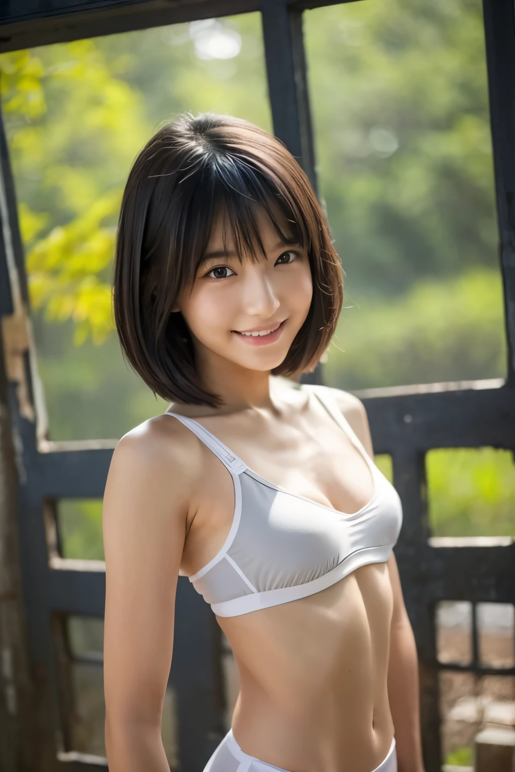 最好质量、softlight、(depth of ﬁeld)、ultra-high-resolution、(photoreallistic:1.4)、Raw photography、(portlate:1.4)、(from frontal)
1japanese girl, 独奏, a cute, (full of shyness, a smile:1.1), (Brown-eyed), Detailed beautiful face,White lingerie、Whole human body、Umi、the beach、short black hair、Wet body、Touching hair、Raise your arms、pulling the hands up、Raking up your hair