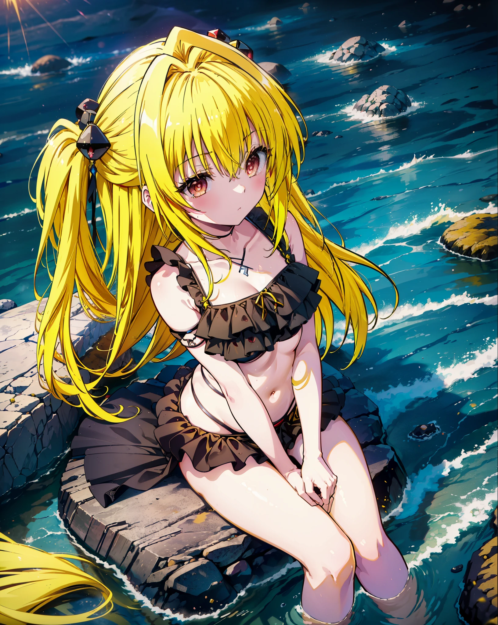 toloverumy, my, (Yellow Hair:1.5), Long Hair, (Red eyes:1.5), (hair ornaments:1.2), Both sides up, Black frilly bikini swimsuit,,barefoot,Sitting on a big rock,Rocky area,night,moonlight,meteor,whole bodyがイラストに入るように,
break outdoors, Beach,
break looking at viewer, whole body,
break (masterpiece:1.2), Highest quality, High resolution, unity 8k wallpaper, (figure:0.8), (Beautiful attention to detail:1.6), Highly detailed face, Perfect lighting, Highly detailed CG, (Perfect hands, Perfect Anatomy),