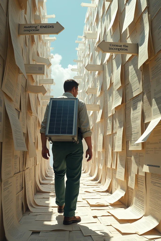 Un labyrinthe avec des murs faits de formulaires et de documents. L'installateur, portant un panneau solaire sur son dos, essaie de naviguer à travers ce labyrinthe. Les panneaux indiquent des directions comme "Attente réponse Enedis", "Dossier CONSUEL incomplet".