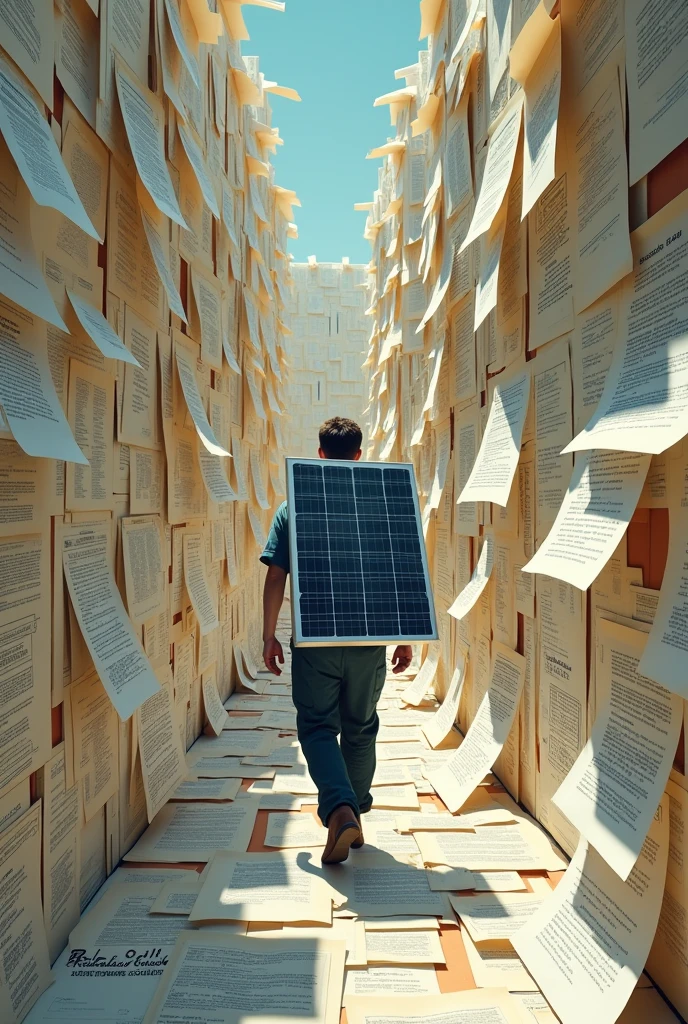 Un labyrinthe avec des murs faits de formulaires et de documents. L'installateur, portant un panneau solaire sur son dos, essaie de naviguer à travers ce labyrinthe. Les panneaux indiquent des directions comme "Attente réponse Enedis", "Dossier CONSUEL incomplet".