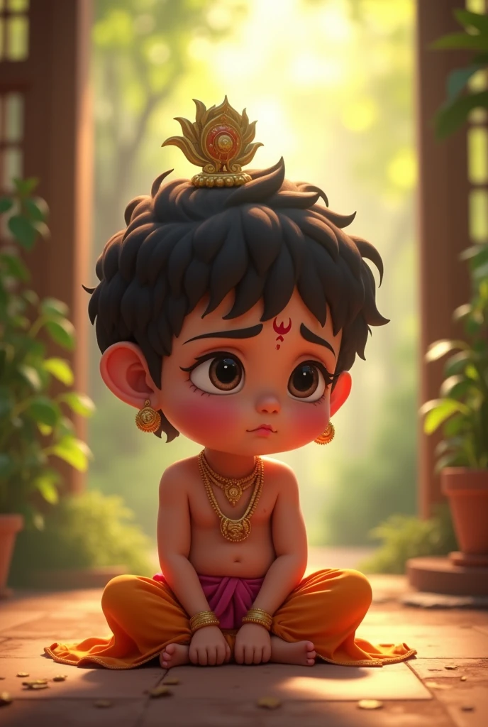 an animated image of cute baby Kanha Ji sitting sadly on the floor.