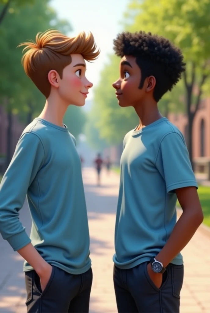 One body build boy at list 2 it's skin toan is white and Indian boy purpose lite Black toan boy similar age but not body build Indian boys on its college dress means sky blue shirt and black pant both