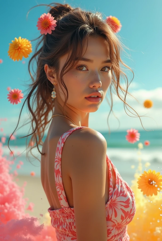((largebreast)),(masterpiece), (highest quality), (Very detailed),(Disheveled Hair),(shape), (One Girl), (Summer clothes), Are standing, Fashion Model, View your audience, (interview), (Beach),Beautiful details, Delicate and beautiful face, floating,(High saturation),(Colorful splashes),Colorful bubbles,(The Shining), Focus on the face, Hair Ring, Floating Flowers, Floating Hair, (The Shining), Best lighting, Best Shadow,