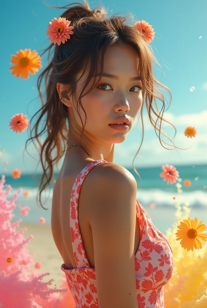 ((largebreast)),(masterpiece), (highest quality), (Very detailed),(Disheveled Hair),(shape), (One Girl), (Summer clothes), Are standing, Fashion Model, View your audience, (interview), (Beach),Beautiful details, Delicate and beautiful face, floating,(High saturation),(Colorful splashes),Colorful bubbles,(The Shining), Focus on the face, Hair Ring, Floating Flowers, Floating Hair, (The Shining), Best lighting, Best Shadow,