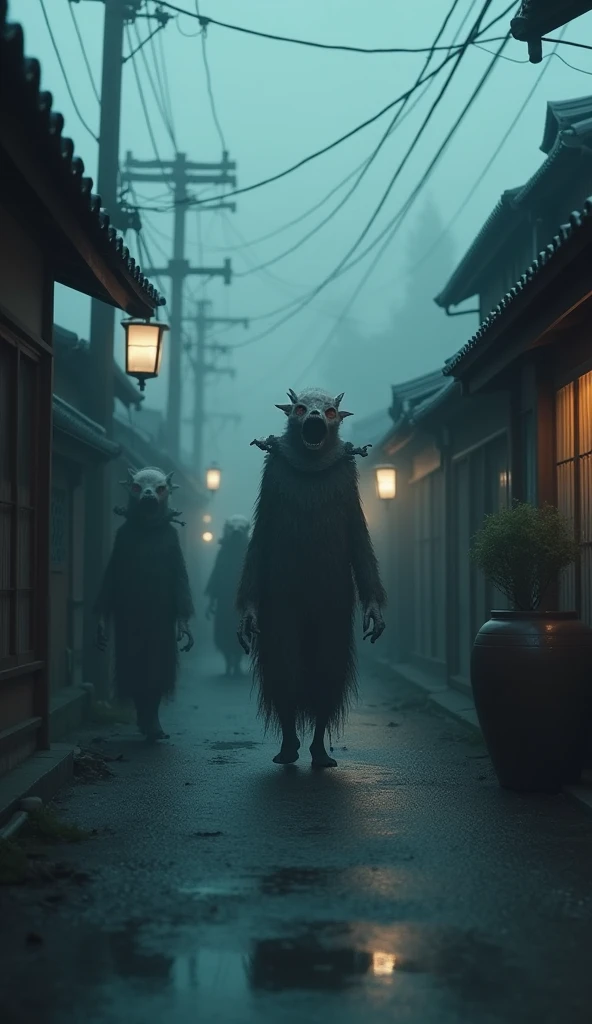 Cinematic, highly realistic portrayal of a traditional Japanese town at twilight, engulfed in an ominous atmosphere. Grotesque creatures with distorted, unsettling shapes and faces that combine human and mammalian traits roam the deserted streets. Their expressions are haunting, filled with sorrow and a profound sense of isolation, as the town itself seems to decay around them, bathed in a ghostly, cold light.