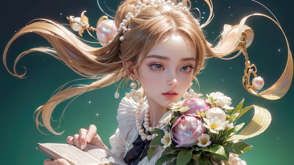 32K, 最高quality, 最高masterpiece, (ultra-Detailed Background, Detailed Background), High resolution, Super detailed, Very detailedな, 1 personの, (bouquet:1.3), (Tangled:1.2), (Geometric:1.2),(colorful),(masterpiece, quality, best quality, Official Art, Beautiful and beautiful:1.2), (1 person:1.3), Very detailed,(colorful:1.1)(Flowers:1.3),Most detailed,(Tangled:1.2), whole body, (Abstract background:1.3), (Skin glows), (Many colors:1.4), ,(Earrings Pearl:1.5), Light green background, It's imaginative., Brunette Hair, Updo, Holding a book, Holding a pen, Satin shirt