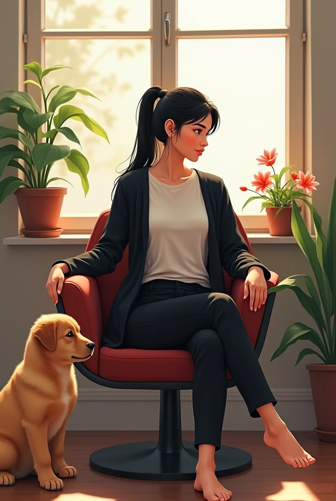 Pure 23 years nepali girl, medium body sizesitting on revolving chair, wearing white shirt,black coat and pant, long pony black hair, golden colour puppy near the girl,flowers on pot at both side ,near window