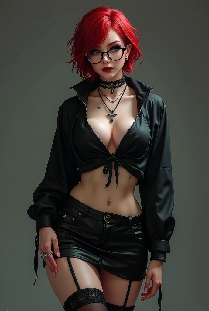 Teenage gothic woman with short red hair wearing glasses and lip piercing, nose and right eyebrow with a good body with a curved waist and big thighs and a big butt with black clothes with a short, low-cut blouse and a miniskirt and long black tights 