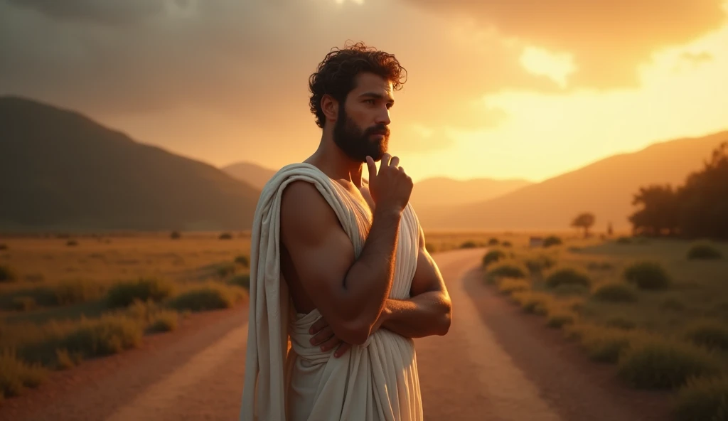 A male stoic philosopher with a well-proportioned and attractive physique, not excessively muscular. He is wearing classic tunics, slightly transparent, that gently drape over the body, subtly revealing his shoulder or parts of his chest. His skin has a tanned tone, further enhancing his striking features. He has a very short and well-groomed beard, with wavy and well-stylized hair, he stands alone at a crossroads in a serene dawn landscape. He is contemplative, with one hand resting on a journal labeled "My Journey," and the other hand on his chin, symbolizing deep thought. The path to the left is dark and stormy, representing blame, while the path to the right is bathed in golden light, representing responsibility. Shot with a Canon EOS R5, Sigma 50mm f/1.4 DG HSM Art Lens, 85mm lens. Rendered in 8K resolution, cinematic detail, Octane render, evoking a sense of choice and self-reflection.