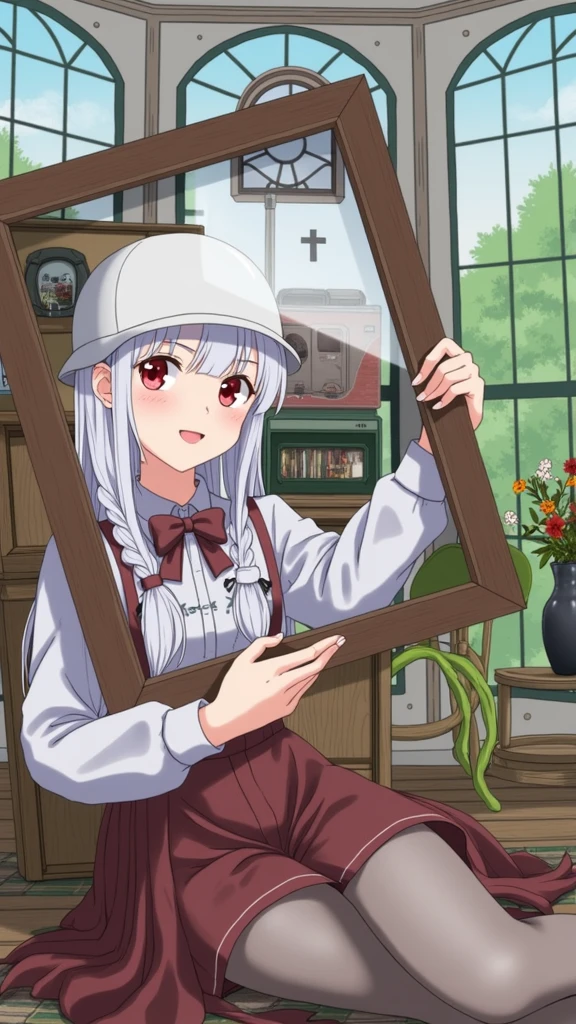 (hair swept bangs:1.3), (long brown hair:1.3), anime girl holding a picture frame with a train in it, 1girl, solo, long hair, looking at viewer, blush, smile, bangs, skirt, shirt, red eyes, long sleeves, hat, bow, holding, braid, flower, hair bow, grey hair, parted lips, day, indoors, hood, red bow, tree, plaid, window, single braid, hoodie, plaid skirt, chair, table, suspenders, helmet, cross, plant, snow, potted plant, iron cross, vase, anime style, from girls frontline, fine details. girls frontline, girls frontline universe, girls frontline style, girls frontline, girls frontline cg, soft anime illustration, 2 0 2 2 anime style, 2022 anime style, pixiv contest winner, pretty anime character design, render of april