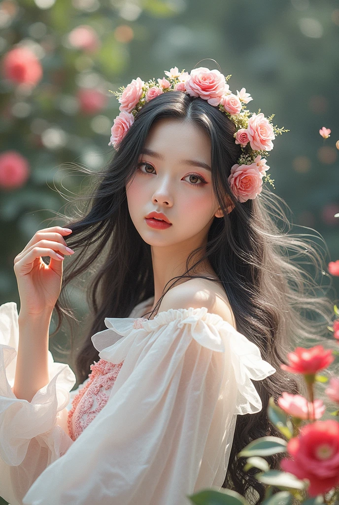 a beautiful young woman with long black hair, mesmerizing eyes, full lips, detailed facial features, elegant pose, graceful movement, wearing a flowing dress, in a lush, vibrant garden setting, soft natural lighting, photorealistic, highly detailed, 4k, masterpiece