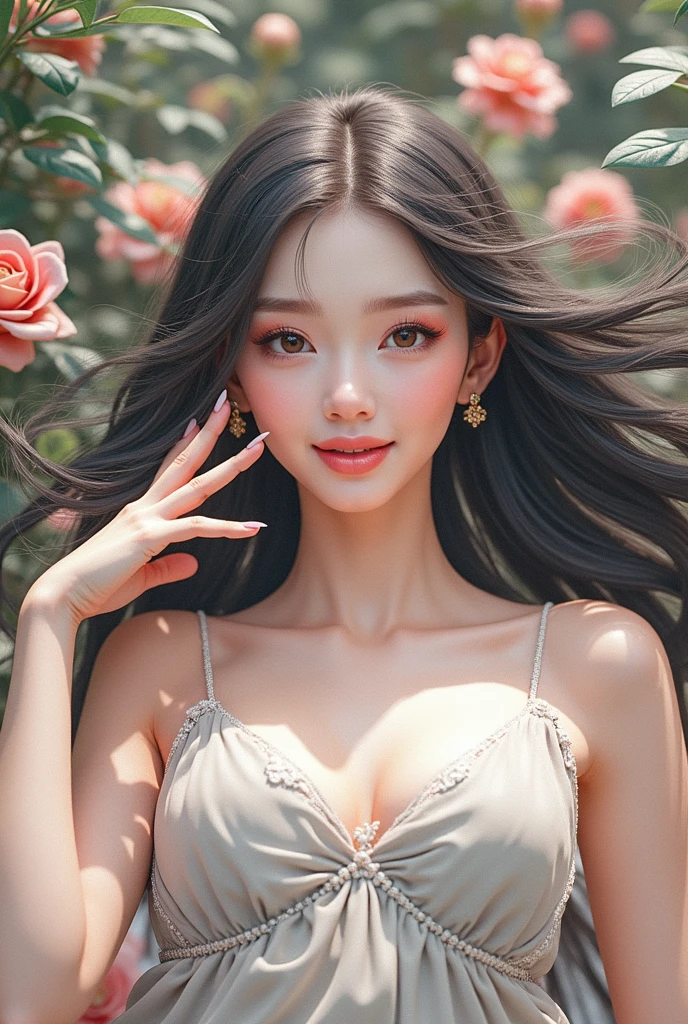 a beautiful young woman with long black hair, mesmerizing eyes, full lips, detailed facial features, elegant pose, graceful movement, wearing a flowing dress, in a lush, vibrant garden setting, soft natural lighting, photorealistic, highly detailed, 4k, masterpiece