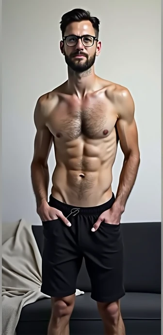 "Realistic full-body:1.3  photography of a muscular man with less fat and a small protbelly bulge, resembling a handsome man with a 99.8% similar face to the one in the reference image provided. He is wearing only underwear, showing off his toned physique. His chest is covered with short hair, and his navel is slightly hairy.
The facial features, including modern glasses, a short, neatly trimmed beard, and a warm smile, should match the reference image closely. The lighting is soft and natural, with a plain, neutral background to keep the focus on his body and face. High photography quality."
