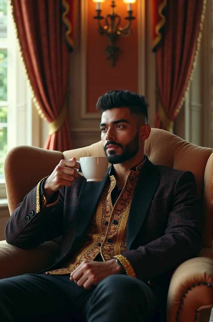 Zayn malik with beard as king with coffee sitting in his mansion