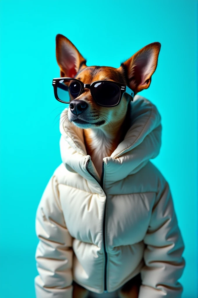 The best cell phone wallpaper, Award-Winning Wallpaper, portrait photography, In the front view is a portrait of a cute dog wearing mid-1960s space age fashion, Side view photo, Shot with Canon EOS R5, Set a strong contrast that accentuates the subject, Fluorescent blue tone, Wearing a very modern coat and sunglasses is a modern 1960s style, Clothes all in one color, beautiful background