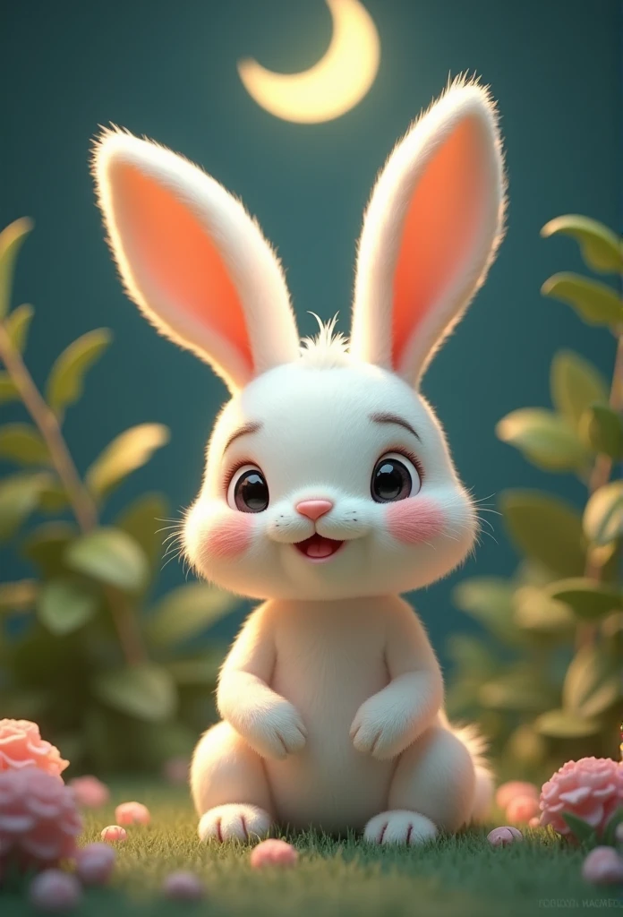 Q version of the rabbit,Cute and cuddly,laurel,moon,The lighting is depicted in great detail,orange hues,OC Rendering,high quality,masterpiece,Surrealism,Hyper-photorealism,8K,Ultrafine,Extremely detailed,Ultra wide angle,Dynamic perspective