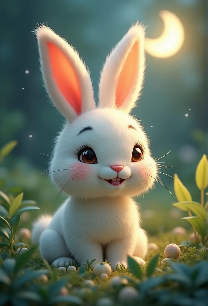 Q version of the rabbit,Cute and cuddly,laurel,moon,The lighting is depicted in great detail,orange hues,OC Rendering,high quality,masterpiece,Surrealism,Hyper-photorealism,8K,Ultrafine,Extremely detailed,Ultra wide angle,Dynamic perspective