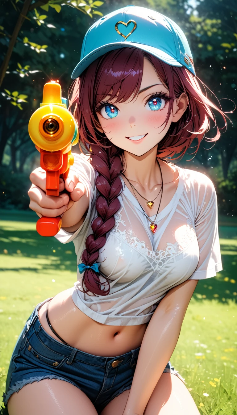(masterpiece, very aesthetic:1.4), best quality, incredibly absurdres, Accurate, intricate, 8K, stunning, stylized, 
ultra-detailed, (incredibly detailed:1.2), fine texture, 
cinematic, recent, (vibrant:1.2), (clear pictures, clean lines, crisp edges), illustration, (soft lighting:1.2), 
cowboy shot, 
BREAK 
1 beautiful girl, 18yo, small face, beautiful detailed face, narrow waist, The beauty and danger of growing from a girl to an adult, A symbol of miraculous beauty, Graceful posture, sensual, bewitching woman, (medium breasts:0.8), 
(burgundy hair, a long single braid hair:1.4), asymmetrical bangs, smooth hair, 
BREAK 
(aqua blue eyes), black oblong pupils, (slant eyes, glass-like sparkling eyes are blurry and dreamy, beautiful detailed eyes, growing eyes, long delicate eyelashes, Meticulous Eyelash Details), 
BREAK 
(black lace bra:0.8), 
(see-through wet:0.2) white t-shirt, 
(denim shorts over black thong:1.2), 
baseball cap, 
(a tiny heart-shaped golden colored ring pendant:1.4), 
BREAK 
sunny afternoon, 
in a vast, lush green park, wide open lawns, 
(aiming the water gun with right hand at the viewer:1.3), legt hand is down, 
BREAK 
gorgeous lips, natural pink lips, beautiful detailed lips, Glossy, 
(grin:1.2),  perfect eyes, 