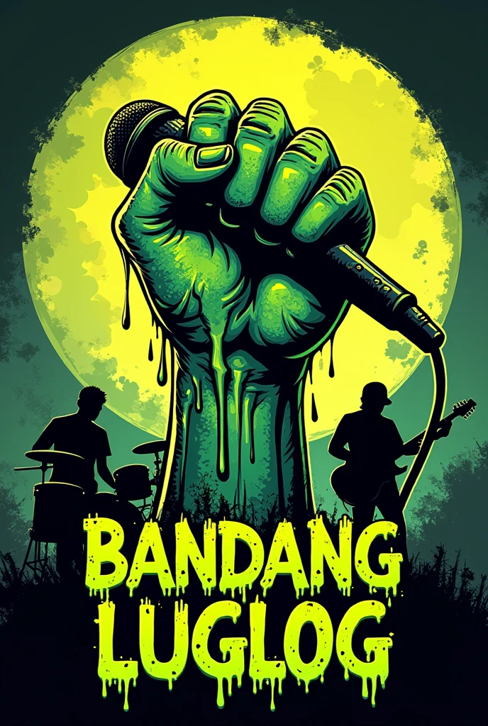 A cartoon street art style band logo that portrays a dirty hand drenched in green goo, holding a microphone, has a silhouette rock band instruments in the background, with a green goo all-capital lettering in front saying "Bandang Luglog"
