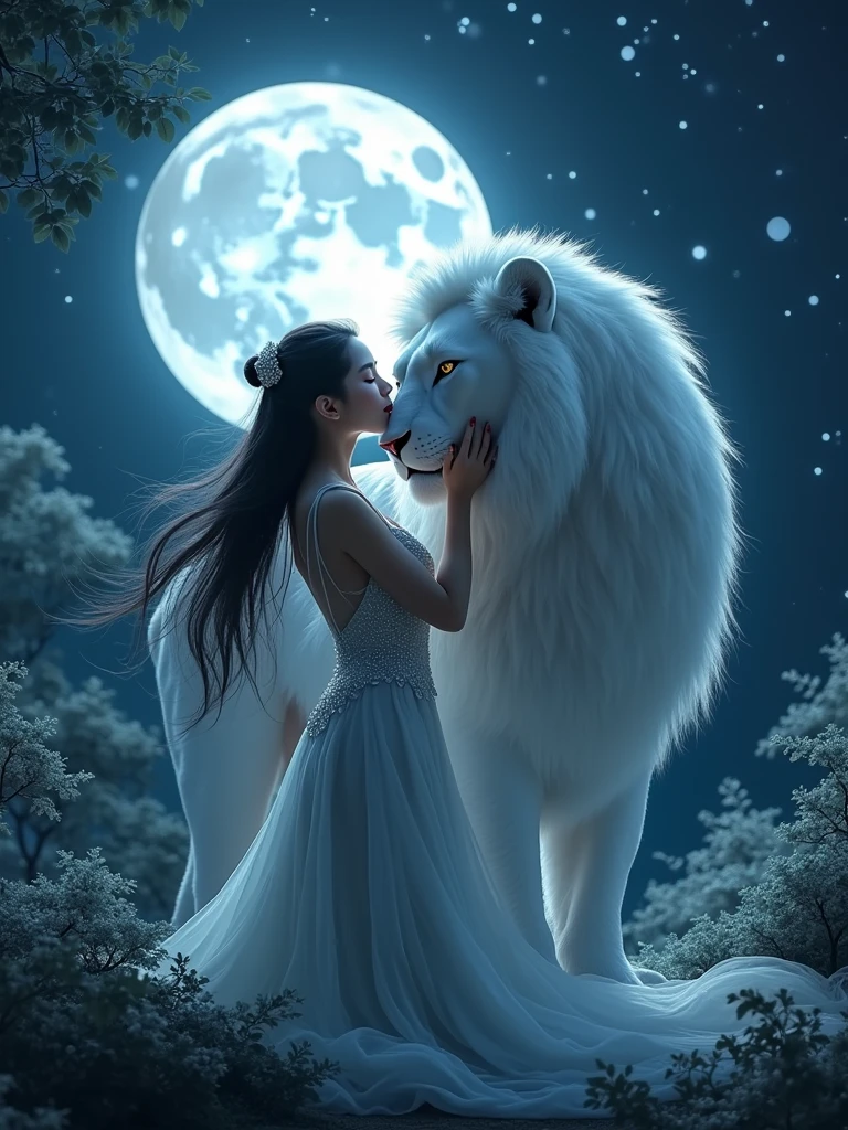 Gorgeous Asia woman with beautiful dress kisses white lion at night