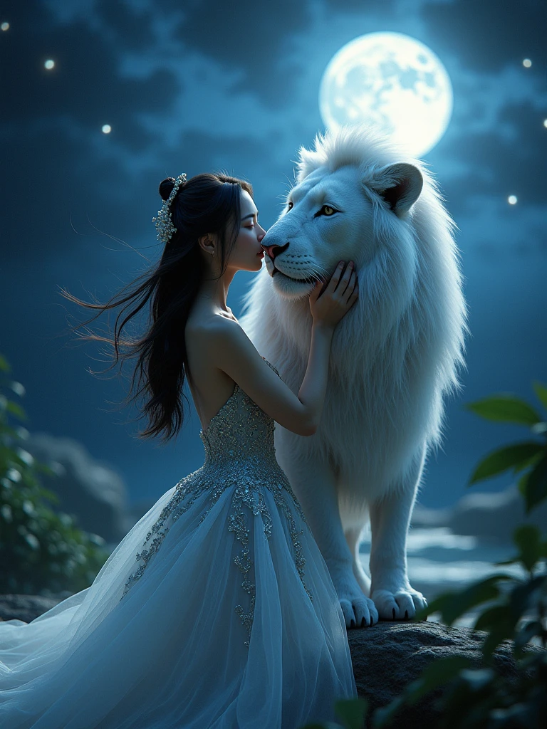 Gorgeous Asia woman with beautiful dress kisses white lion at night
