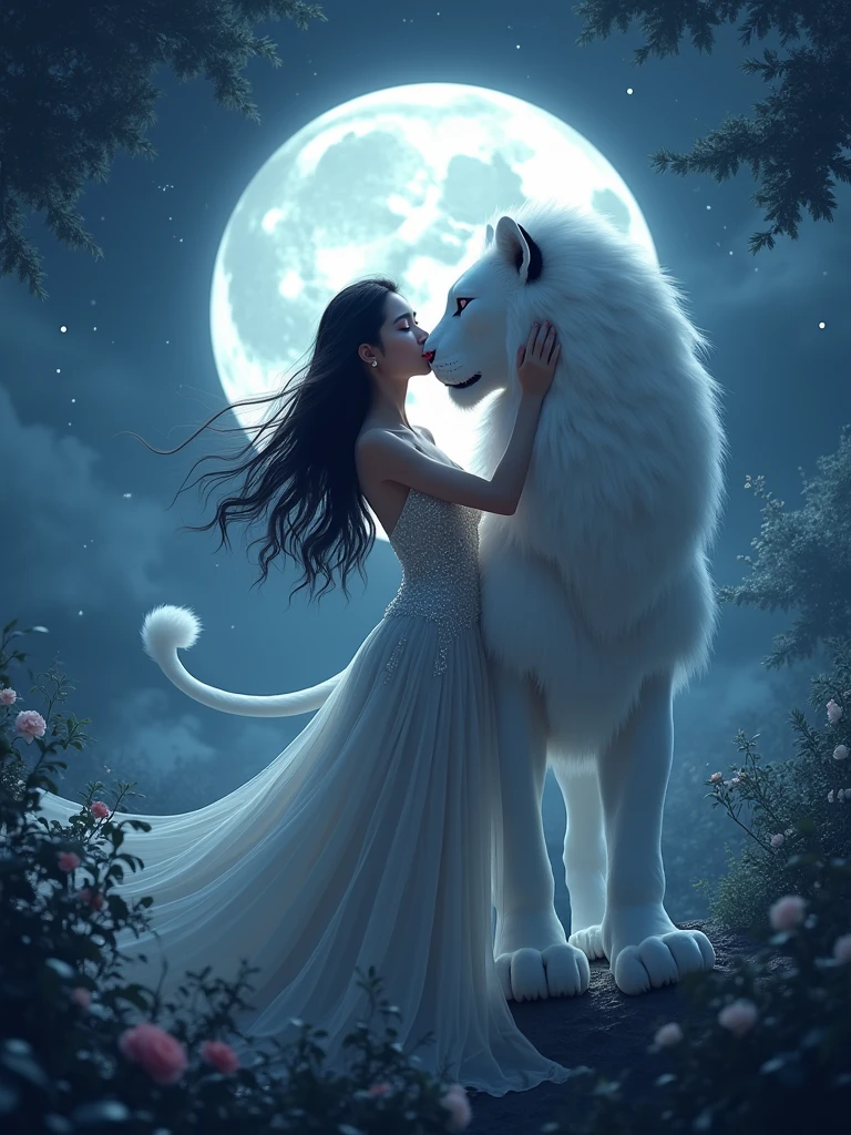 Gorgeous Asia woman with beautiful dress kisses white lion at night