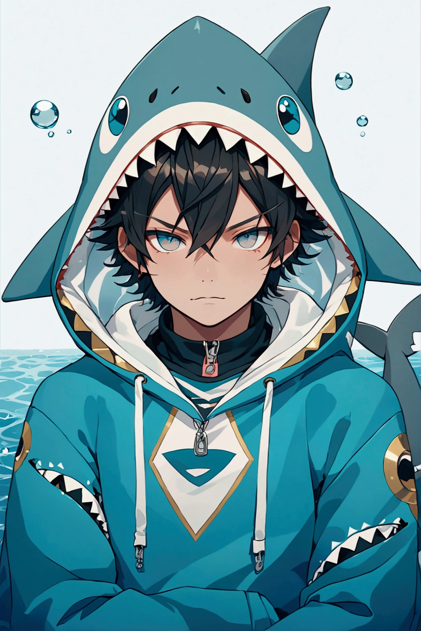 Black and gold shark hoodie with gold eyes and brown skin colour male with a shark tail
