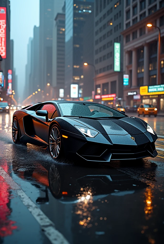 Black lemborghini svj  with chrome wheels in new york city rainy weather 