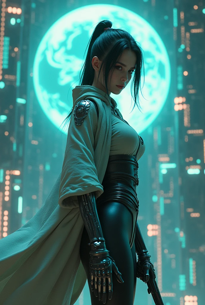 3000 years、夜のcyber punkの近未来都市、A female samurai with a cyborg half-body、cyber punk、can'I can see your gaze、Grab the gun、Estimated Age20-year-old、Bodysuits that fit the body、skinny、skinnyパンツ、Casual wear、Wear a half coat、Ready for battle、(Highest quality,4K,High resolution,masterpiece:1.2),Very detailed,Professional,sf,3D Rendering,Globe Hologram,Computer Circuit Board,Made of Lego,Light blue and green tones,Artificial lighting,Sharp focus,high tech elements,Metallic texture,Smooth surface,Complex circuits,Innovative Design,Realistic shadows and reflections,Transparent display,Glowing holographic effect,Light emitting wire and connection,Depth and Dimension,Impressive visual impact,Superb craftsmanship