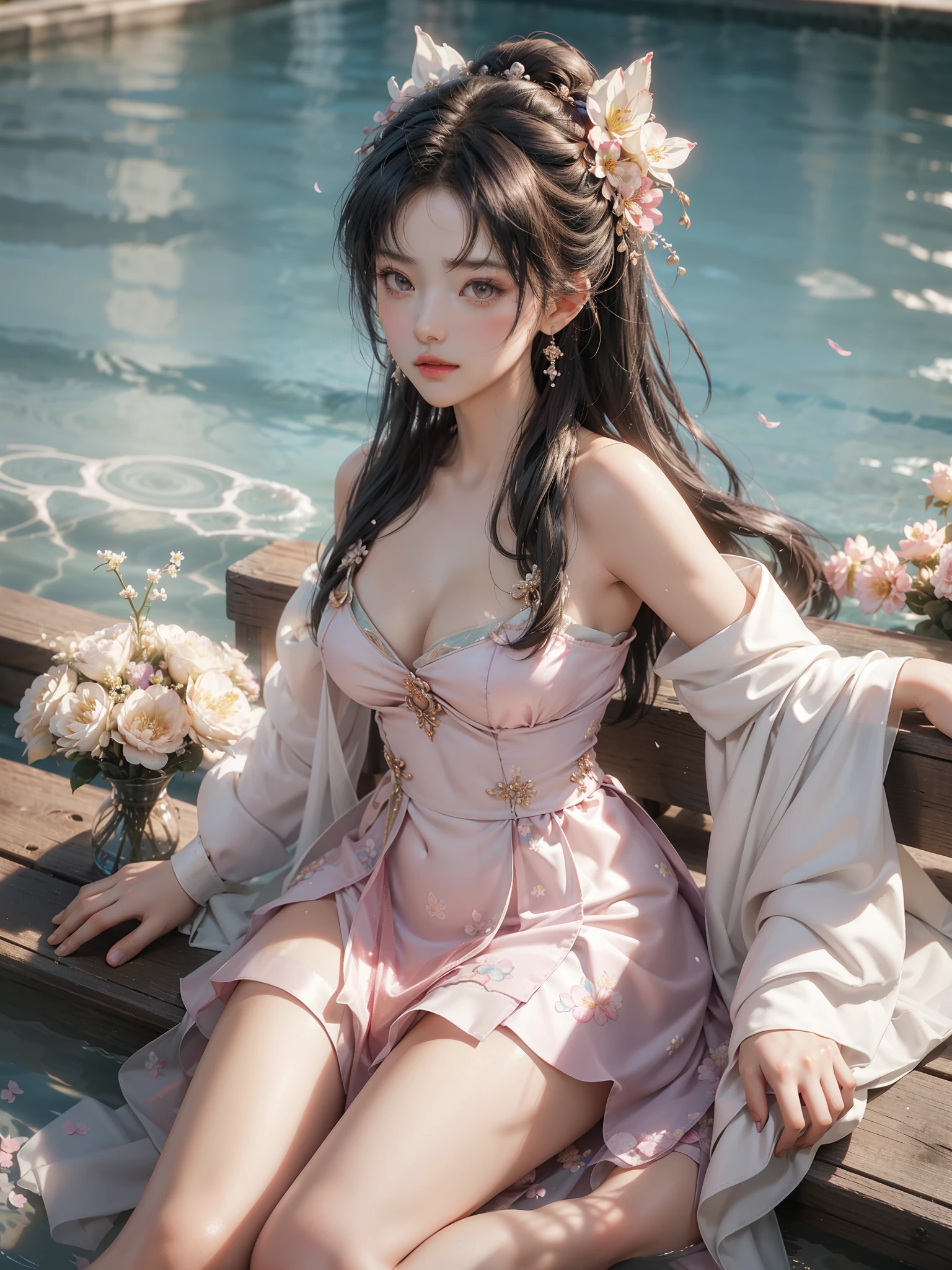 qh dress,qh hair ornament td dress,td hair ornament rm dress,rm hair ornament, Hanfu,see-through, silk ,jewelry,((Girl lying in the swimming pool))、She gently lifted her skirt with one hand,Make gentle and playful gestures,((Lots of flowers瓣)), Lots of flowers,Many petals scattered,Cherry tree,Petals are flying all over the sky,Beautiful and charming woman, Elegantly, Her full breasts revealed.,Visible cleavage,The skirt is short,Natural legs,Sexy long legs,Correct and natural legs,Smooth skin,Slim and cute beauty, Eyes sparkling,Her skin is flawless。Her curves are highlighted。Shine in the light,The color is pastel,She lay confidently,One hand on hip,Her posture is both graceful and strong..。She wore elegant high heels,It matches her dress very well.。In the warm golden sun。The overall atmosphere of the picture is peaceful and uplifting,Emphasis on natural beauty and elegance, Studio Lighting,Vibrant colors, Cute girl, sweet smile, cosmetic,Shy,blush,open mouth,Heavy breathing,moan,超realism,realism,Movie Lighting,Comfort,Sony FE GM,Retina,masterpiece,precise,Anatomically correct,Textured Skin,Super Detail,High Detail,best quality,rich and colorful