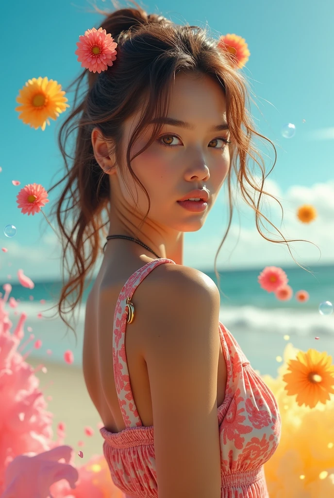 ((largebreast)),(masterpiece), (highest quality), (Very detailed),(Disheveled Hair),(shape), (One Girl), (Summer clothes), Are standing, Fashion Model, View your audience, (interview), (Beach),Beautiful details, Delicate and beautiful face, floating,(High saturation),(Colorful splashes),Colorful bubbles,(The Shining), Focus on the face,  Hair Ring, Floating Flowers, Floating Hair, (The Shining), Best lighting, Best Shadow,