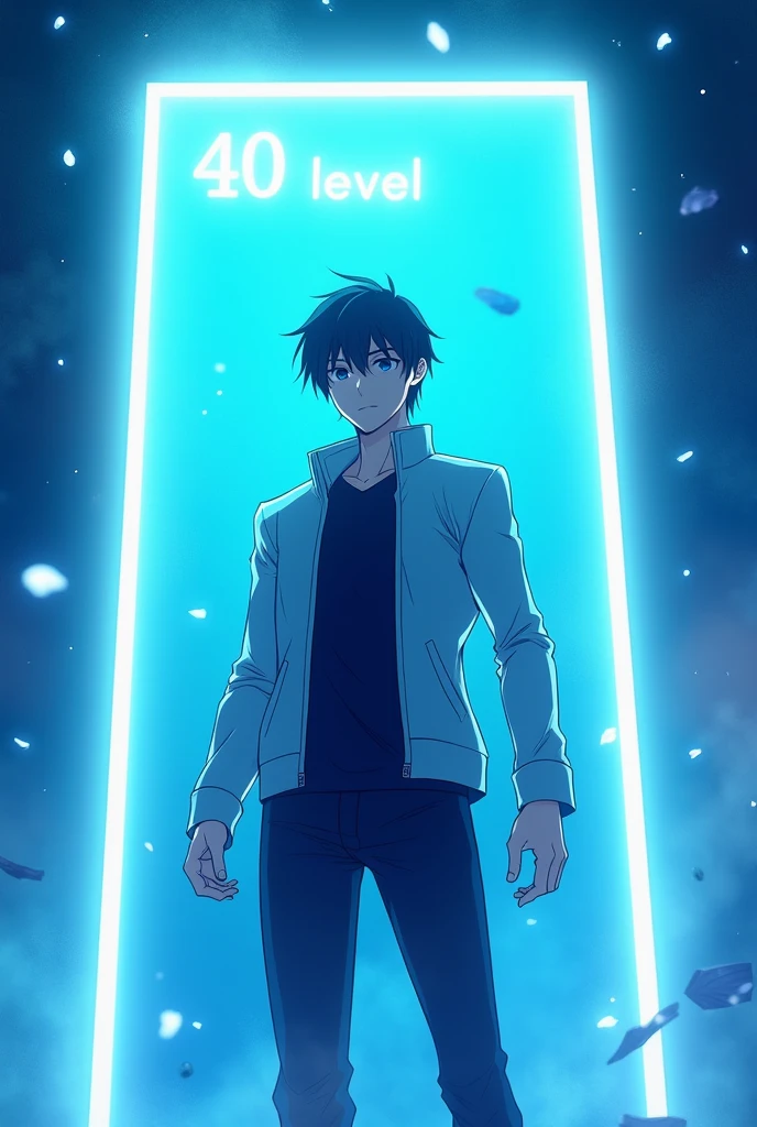 In a slim rectangle
A male anime is standing in the background Glowing sky blue colour and white sparkle And above it is written in white glowing light "40 LEVEL GAMING"
