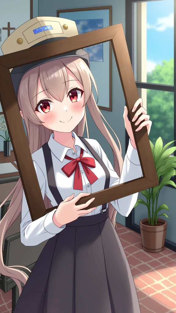(hair swept bangs:1.3), (long brown hair:1.3), anime girl holding a picture frame with a train in it, 1girl, solo, long hair, looking at viewer, blush, smile, bangs, skirt, shirt, red eyes, long sleeves, hat, bow, holding, braid, flower, hair bow, grey hair, parted lips, day, indoors, hood, red bow, tree, plaid, window, single braid, hoodie, plaid skirt, chair, table, suspenders, helmet, cross, plant, snow, potted plant, iron cross, vase, anime style, from girls frontline, fine details. girls frontline, girls frontline universe, girls frontline style, girls frontline, girls frontline cg, soft anime illustration, 2 0 2 2 anime style, 2022 anime style, pixiv contest winner, pretty anime character design, render of april