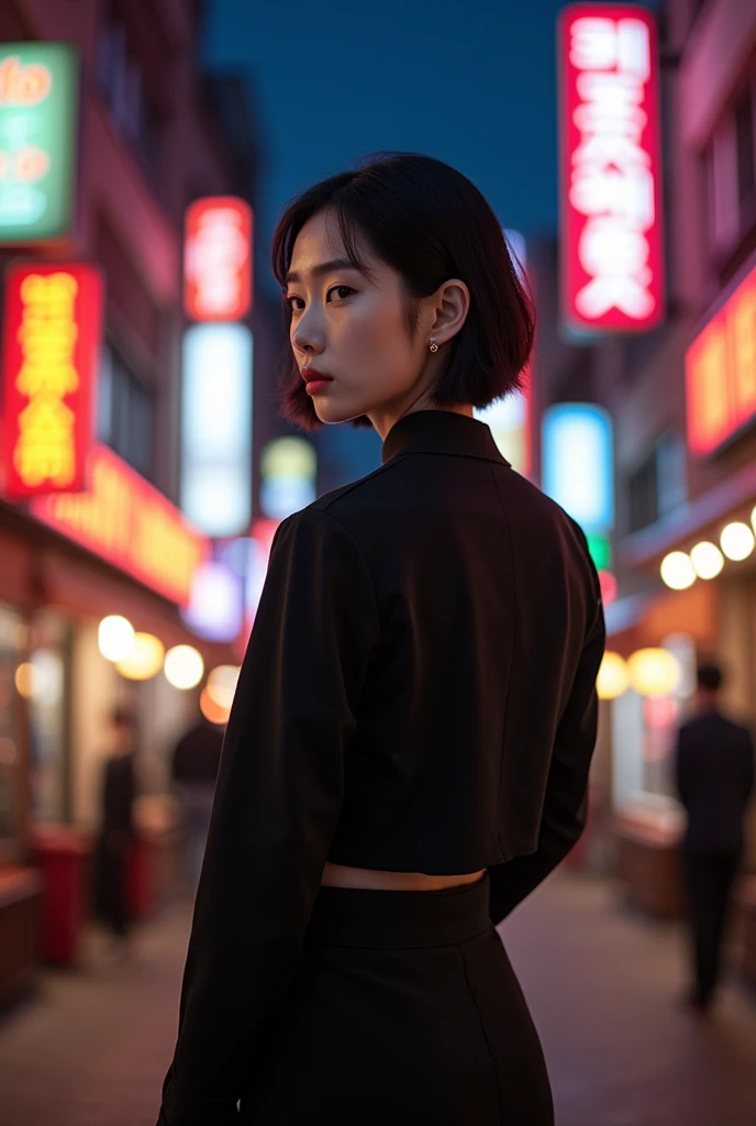 "Photo of a young Korean woman with short hair, upper body seen from the back with her face not visible, on a nighttime street with neon signs, wearing a modest, elegant two-piece outfit with no exposure, conveying sophistication."