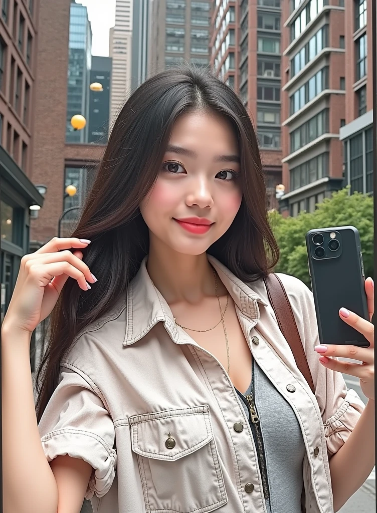 Beautiful black haired girl, taking a selfie , 