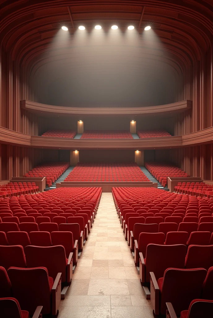 3d design of theatre that has 1078 seats and curved design simple only and the pov is on the stage and it is closed