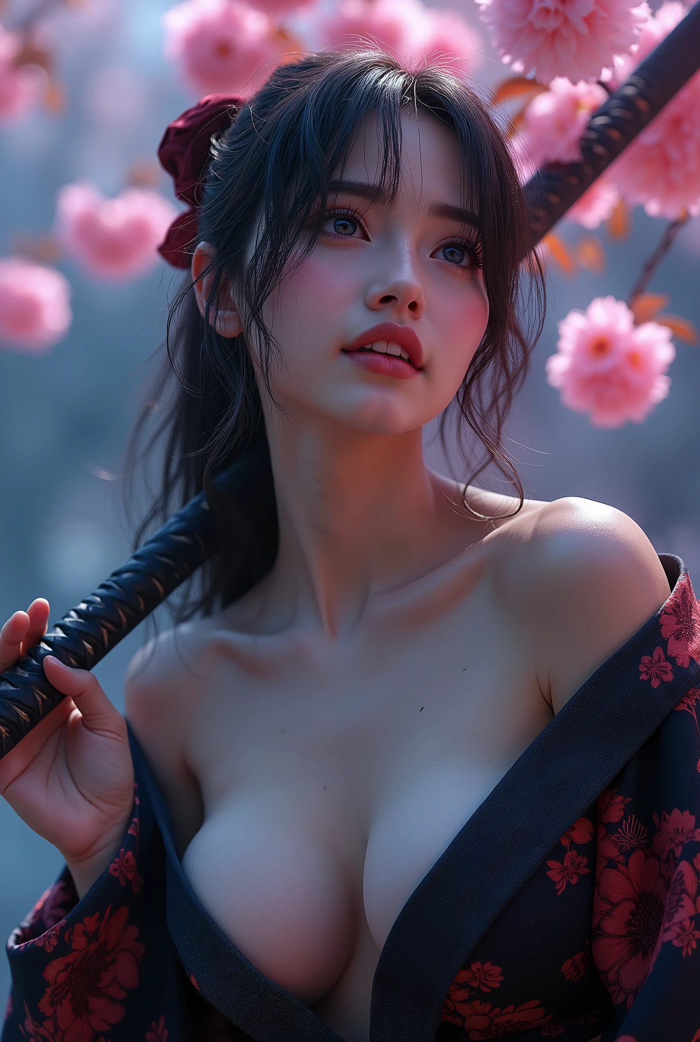 (nsfw:1.4), High resolution, RAWphotographgraphy, Highest quality, (Ultra-detailed, photorealistic, best quality, 4k,8k, highres, masterpiece:1.3), (photorealism:1.4), Cinematic, Color Grading, professional Photography, Depth of Field, hyper-detailed, beautifully color-coded, insane details, intricate details, beautifully color graded, (Photorealistic:1.5, 8k, Highest quality, masterpiece, Ultra-high resolution), Highly detailed skin and facial textures:1.3, Beautiful female samurai holding a Japanese sword:1.1, Very large breasts、sagging breasts, Cute and sexy beauty, Perfect Style, Fair skin, Very beautiful face, (Mid-chest, Chest gap), (Embarrassed smile, Her facial expression when she felt intense caressing, Facial expressions when feeling happy), (wear the sexy sengoku uniform:1.1, Off the shoulder), (Beautiful Blue Eyes, Beautiful erotic eyes:0.8), (Too erotic:0.9, Fascinating:0.9), Full Body Shot, Cherry Blossoms at Night, (biting her lips:1.4), (looking upwards:1.1), (arching her back backwards:1.5)