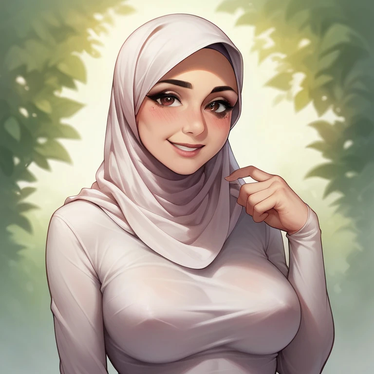 Pretty sexy woman, in a hijab, medium size breasts, high quality,4k, brown eyes, 40 years old, Milf, Sexy smile, perfect skin, blushing, shine skin, light makeup.