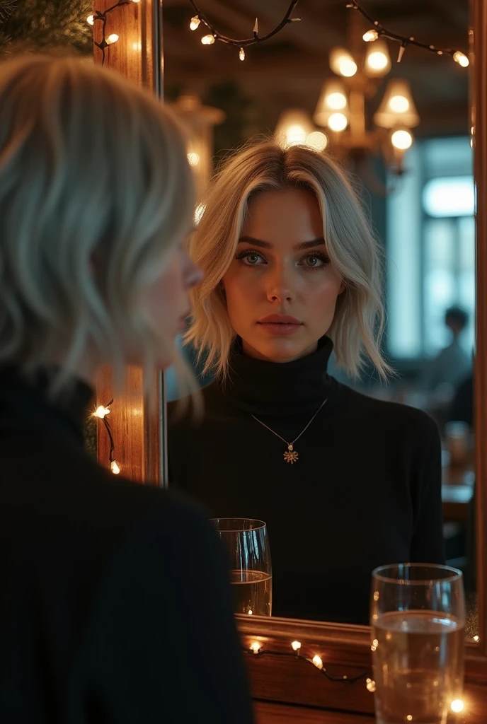 Russian girl is beautiful, light gray hair, photo in the mirror against the backdrop of a restaurant, Garlands, dark atmosphere