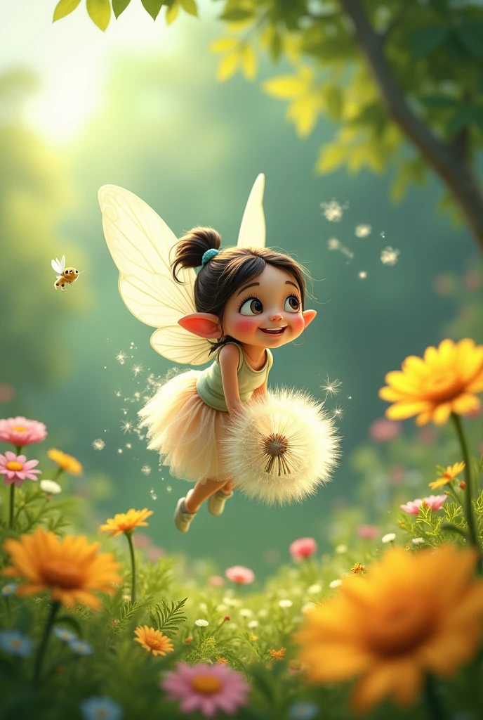 Ria a young  and the Fairy playing together: Imagine a scene where Ria the young girl and the fairy are flying on a dandelion seed through the garden.I am animated characters 